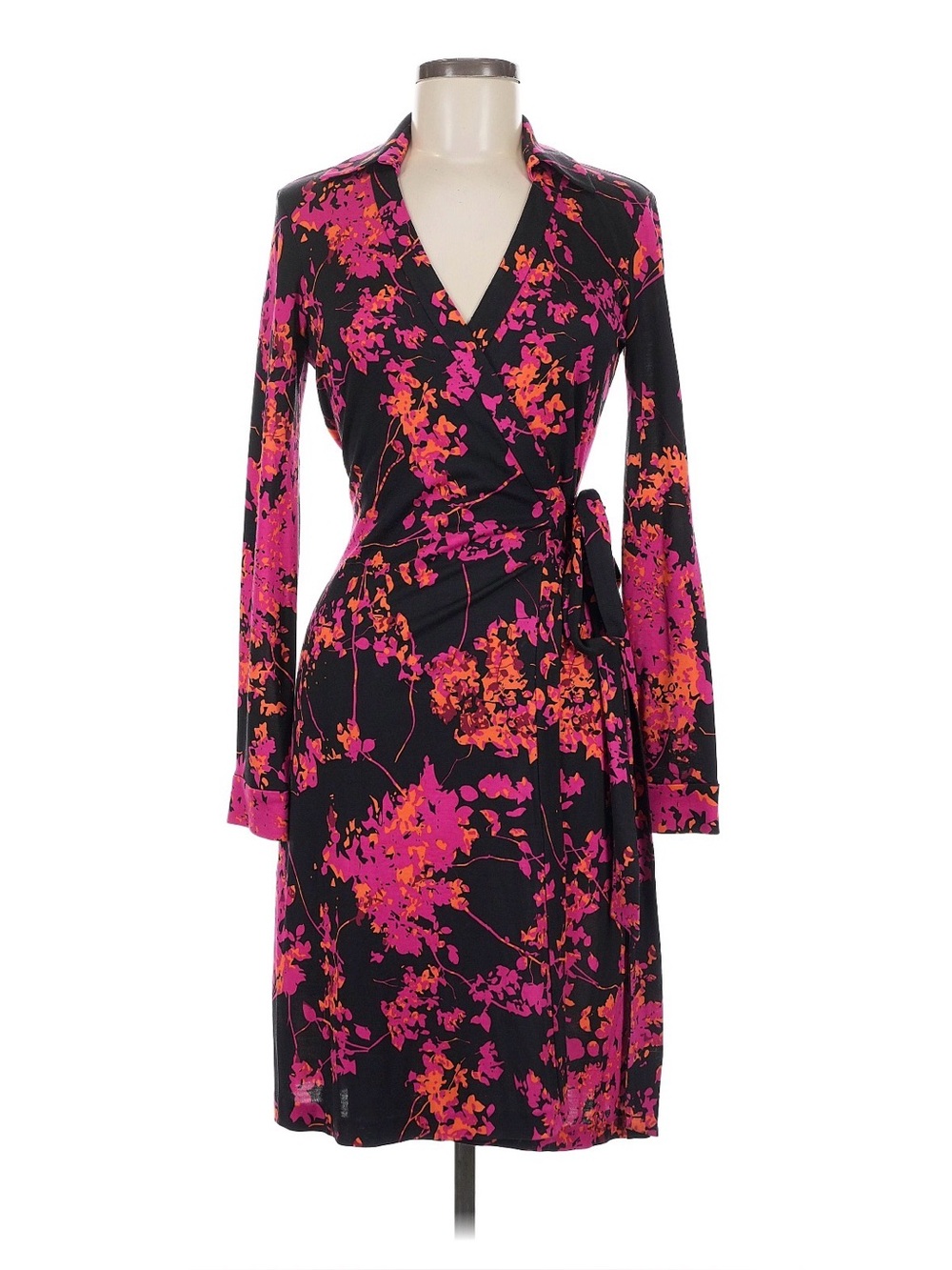Diane Von Furstenberg Black Wrap Dress with Pink & Orange Floral
